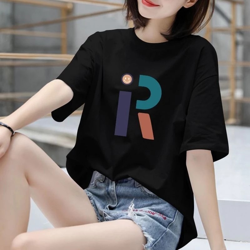 ผ้าฝ้ายแท้ฤดูร้อนแขหญ่รอบคอแฟชั่นพิมพ์เสื้อยืดด้านบนผู้หญิง ถนน สวมใส่ S-7XL ECB