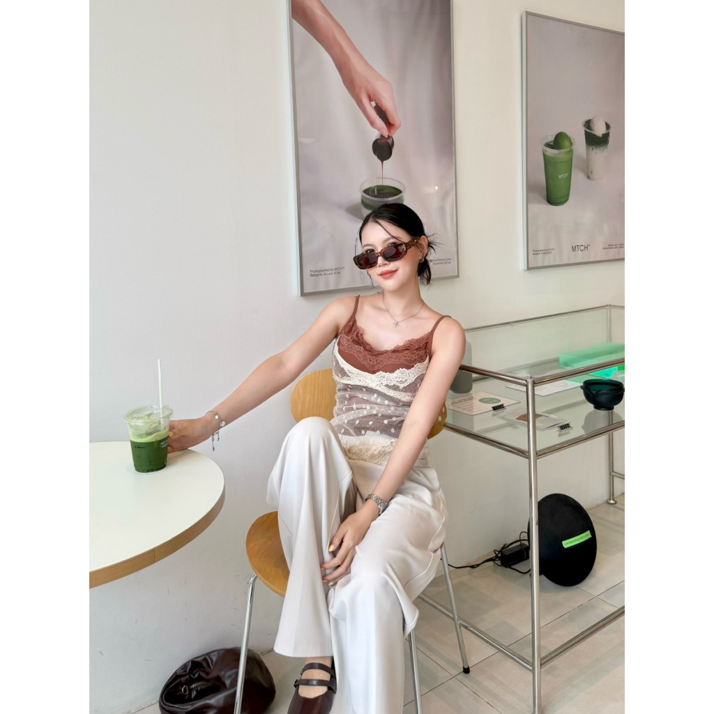 M207-เสื้อสายเดี่ยวลูกไม้ซีทรู ดีไซน์วินเทจเกาหลี เย็บ2ชั้น มีฟองน้ำ สายปรับ - รูปที่ 6