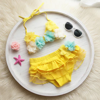 Babyonline(Y493)L2 (ส่งด่วน1วัน)ชุดว่ายน้ำสำหรับเด็กผู้หญิง2ชิ้นแบบผูกเชือกแต่งลายดอกไม้น่ารักสดใส
