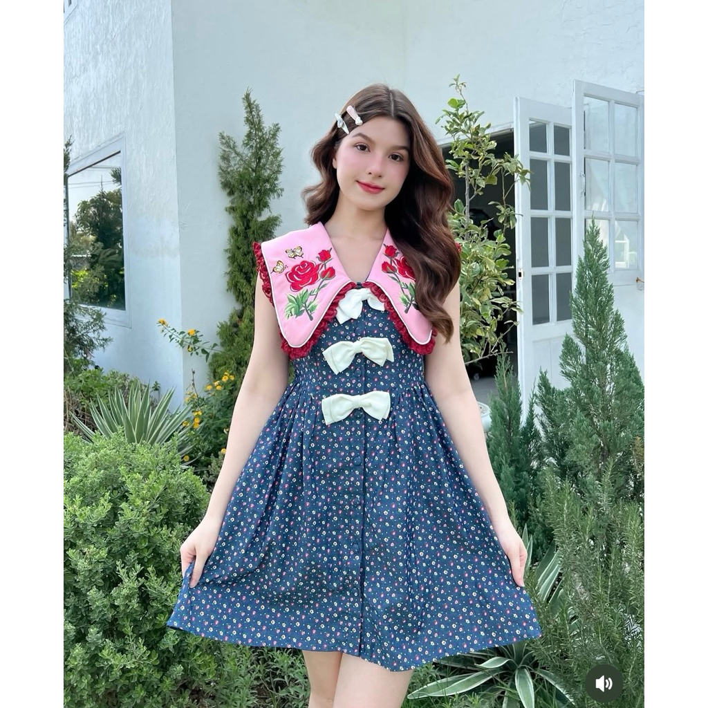 BLT Brand เดรสสั้นปักดอกกุหลาบ Size.XL ,XXLมือ ✌️ ยาว 34