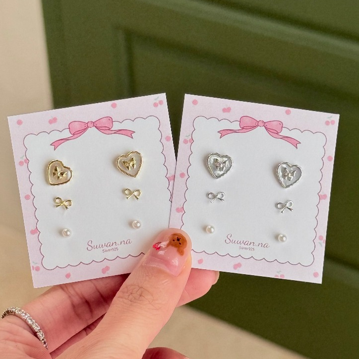 Suwann.na [ราคาต่อเซต] ต่างหู ต่างหูเงินแท้ เซตหัวใจโบว์มุn เงิน, ทอง