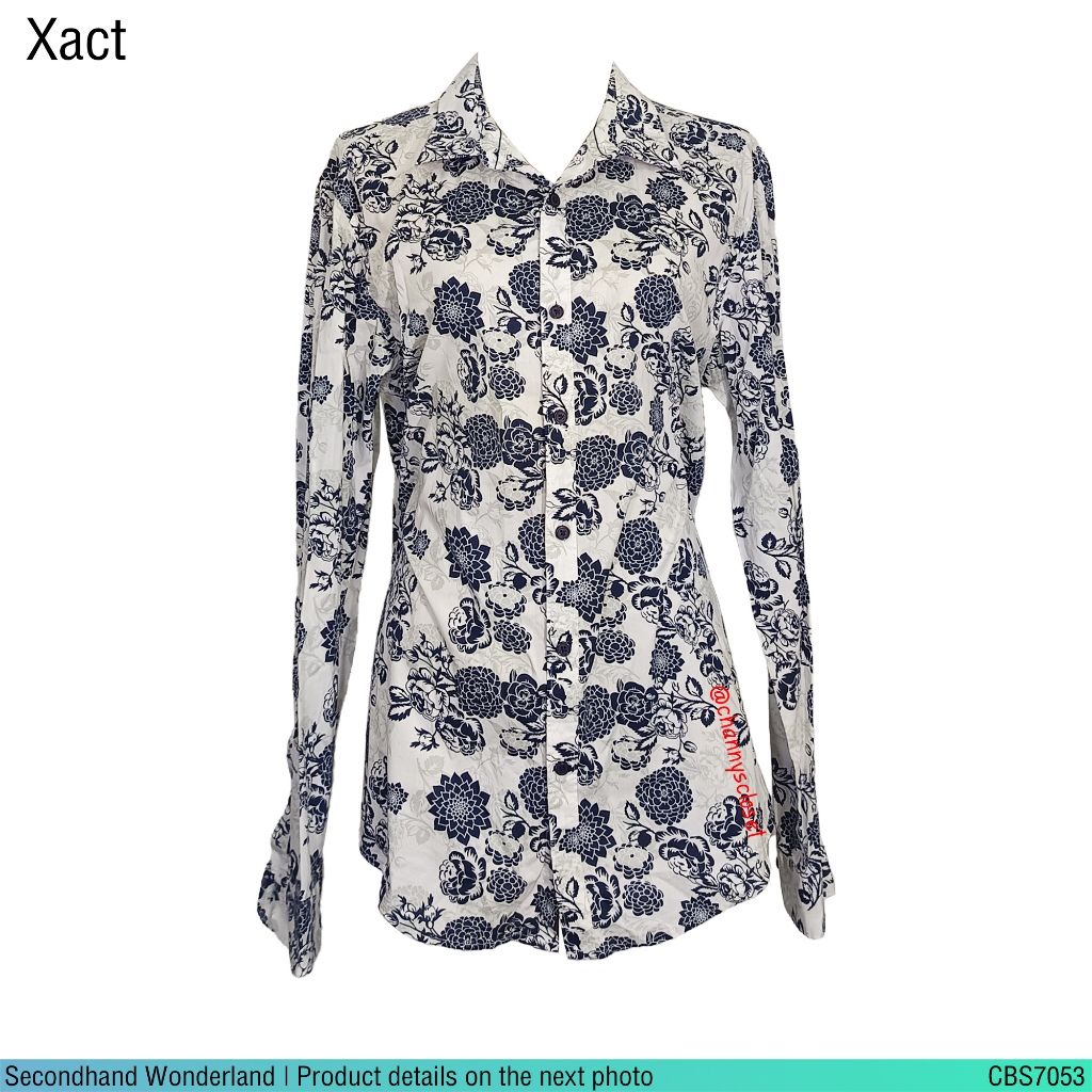 💖USED Xact - Cream Floral Shirt | เสื้อเชิ้ตสีครีม สีน้ำเงิน เสื้อเชิ้ตผู้ชาย ลายดอก แขนยาว คอปก แท้