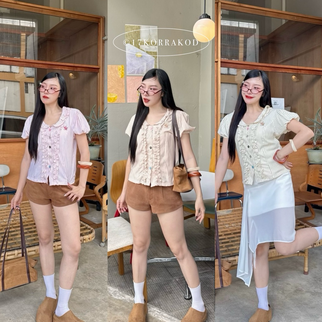 🌻เสื้อเชิ้ตคอวีแต่งระบาย2ชั้นแขนตุ๊กตา ดีเทลกระดุมสลับสีแต่งสาประบาย (Cookies bear)