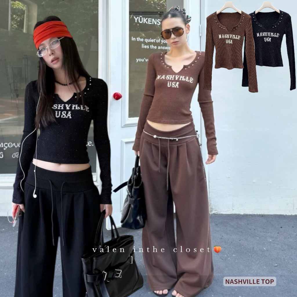 ส่งด่วน 🛵 MMFISH 𝗡𝗔𝗦𝗛𝗩𝗜𝗟𝗟𝗘 𝗧𝗢𝗣 เสื้อแขนยาวแต่งหมุดรอบคอ ผ้ามีกิมมิก
