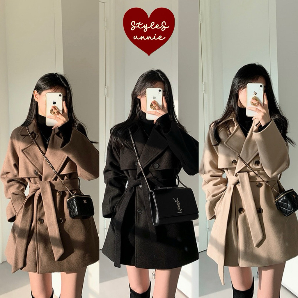 Styles_Unnie 🧸☃️ (C215) 𝐂𝐨𝐟𝐟𝐞𝐞 𝐂𝐨𝐚𝐭  เสื้อโค้ทผ้าวูล ขนาดฟรีไซส์ มาพร้อมสายรัดเอว พร้อมส่ง 3 สีค่า