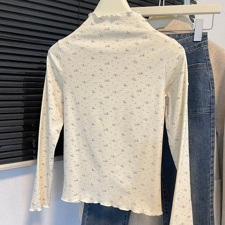 Y6Y - เสื้อแขนยาวทรงเข้ารูปสุดเซ็กซี่สำหรับผู้หญิง เสื้อยืดคอเต่าลายดอกไม้น่ารักหวานๆ สไตล์เกาหลี