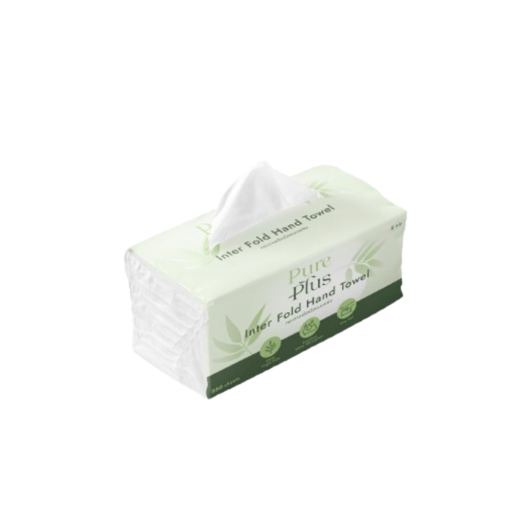 INTER FOLD HAND TOWEL / กระดาษเช็ดมือแบบแผ่น PUREPLUS หนา 2 ชั้น (24 ห่อ / ลัง)