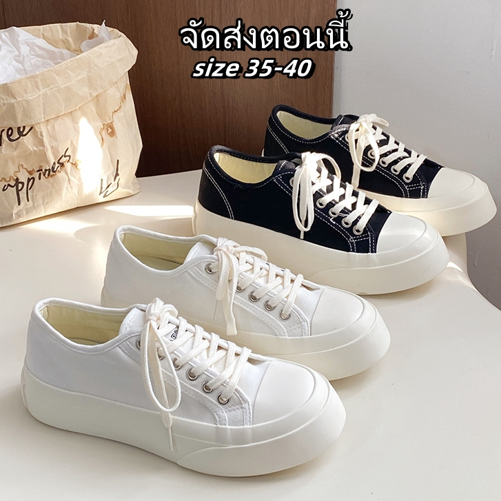 ⚡ พร้อมส่งในไทย ⚡รองเท้าผ้าใบผู้หญิงรองเท้าผ้าใบสีขาวน้ำหนักเบาระบายอากาศได้ดีพื้นรองเท้าหนานักเรียนสบาย ๆ