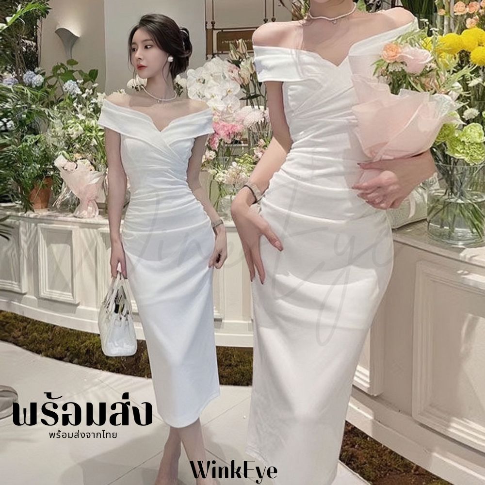 (Dress5-286)พร้อมส่ง Wedding Dress เดรสแต่งงาน Korea Style เดรสปาดไหล่ คอหัวใจ ถ่ายพรีเวดดิ้ง เดรสขาว สวยสไตล์ minimal