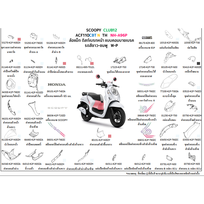 ชุดสี scoopyi 2022 ชุดสี สกูปปี๊ไอ 2022 เฟรม SCOOPY CLUB12 สีขาว-ชมพู W-P อะไหล่ HONDAแท้ 100% ขายชิ้น