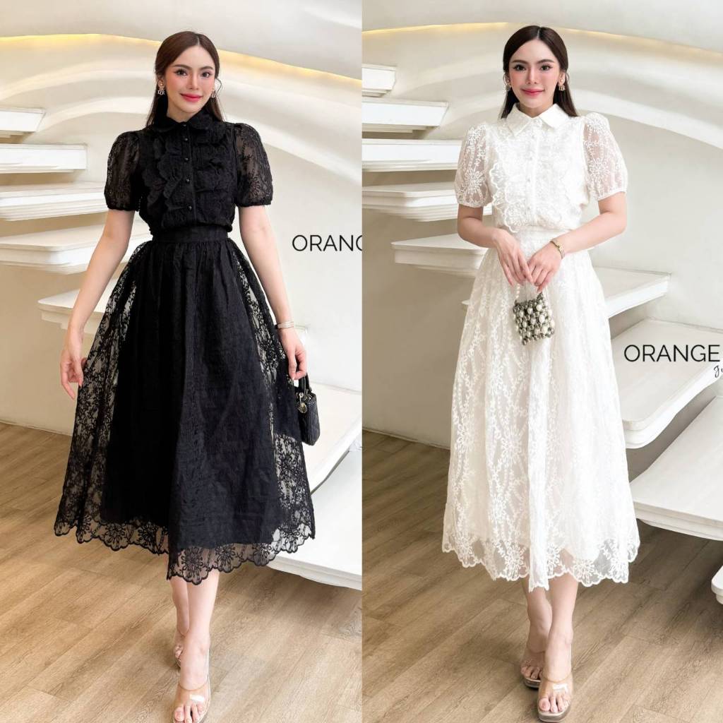 OR21896 ชุดลูกไม้ปักลายเสื้อคอปกแต่งระบาย กระโปรงทรงเอ ชุดสุภาพเหมาะใส่ออกงาน ทำบุญ งานสำคัญได้
