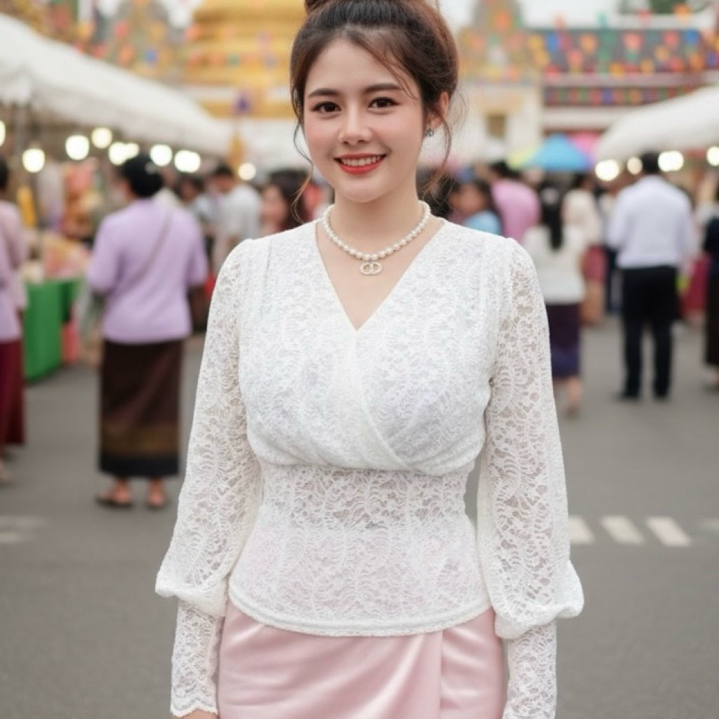 เสื้อลูกไม้คอวีฉลุลายดอกไม้เล็ก งานน่ารักมากก