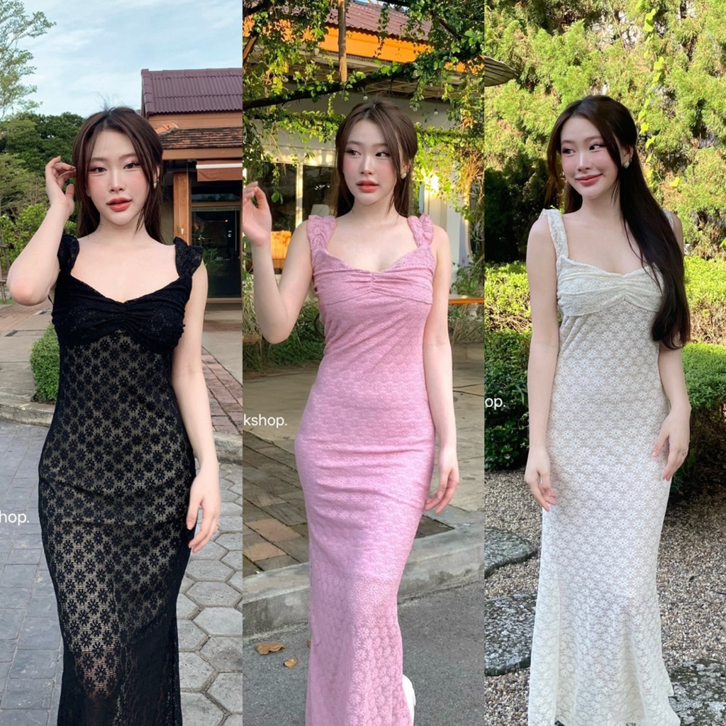 Long dress เดรสยาวสายเดี่ยวแต่งผ้าลูกไม้ตาข่ายดอกเดซี่ goodluckshop ชุดไปเที่ยวทะเล