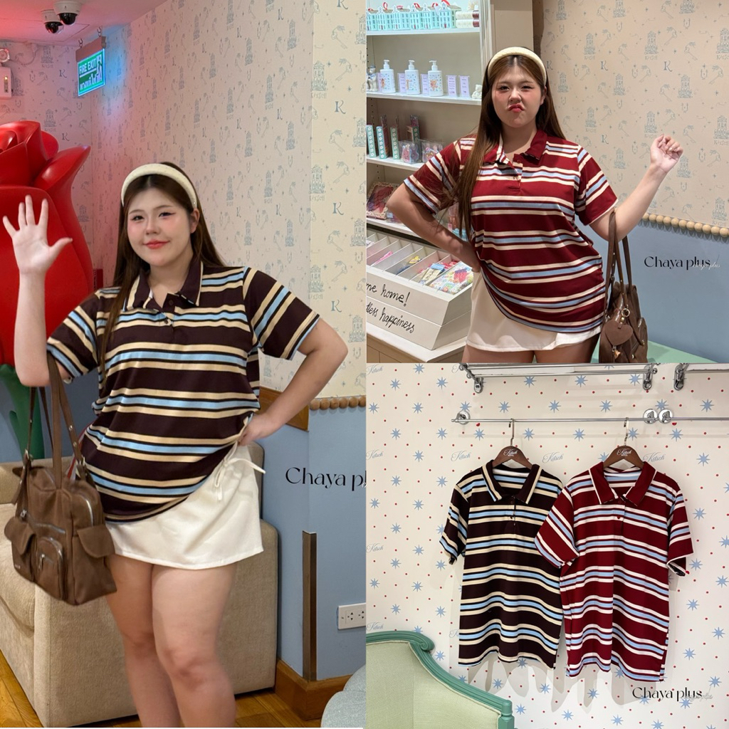 (LD) เสื้อเชิ้ตโปโลโอเวอร์ไซส์ ตัวยาว ลายริ้ว ใส่สบาย สไตล์คาเฟ่/พลัสไซส์
