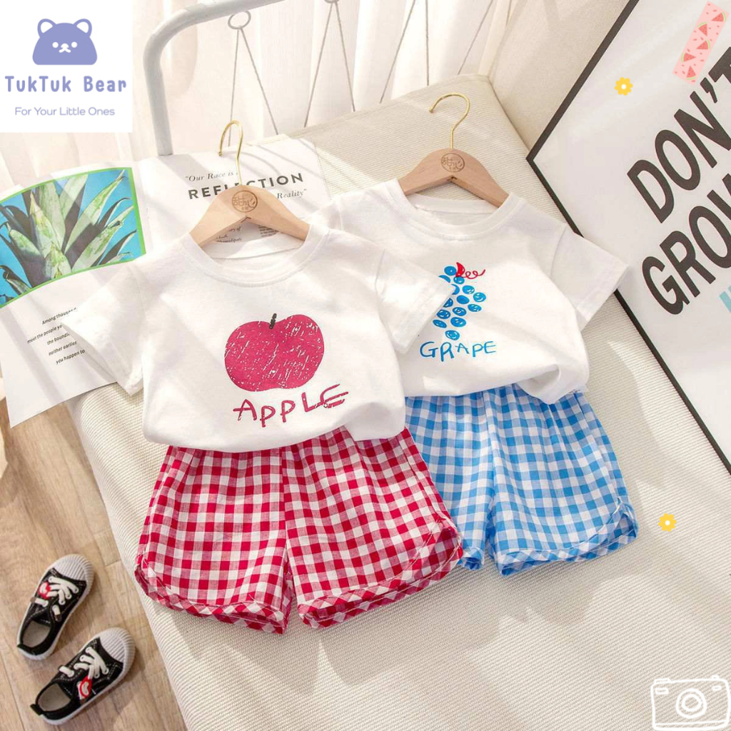 ชุดเด็กน่ารัก ชุดเด็กแฟชั่น ลายสก็อต ลายผลไม้ คอกลม แขนสั้น สีสันสด พร้อมส่ง