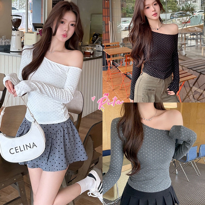 Rita พร้อมส่ง🍒เสื้อปาดไหล่ เสื้อยืดแขนยาว ติดเพชรสะท้านแสงทั้งตัว ทรงรัดรูป สีดำ สีขาว สีขาว S-XL
