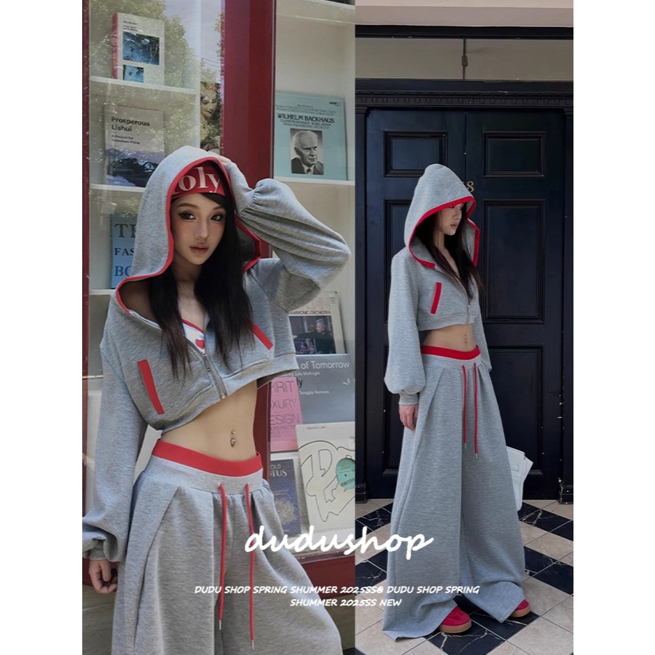 [Street sports style trendy two-piece suit]แจ็คเก็ตแขนยาวสไตล์สตรีทสีบล็อกและกางเกงขากว้าง ชุดสองชิ้น