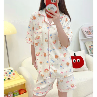 (มีส่งด่วน)ชุดนอนผ้าไหมญี่ปุ่น แขนสั้น ขาสั้น ขนาดฟรีไซส์ผ้าบางเบาใส่สบายลายน่ารักพร้อมส่งจากไทย🇹🇭