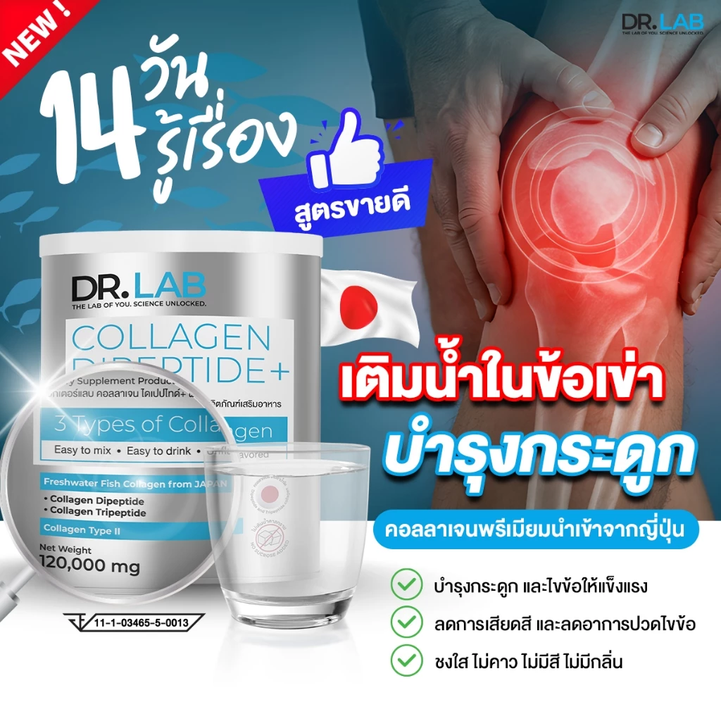 DR.LAB Collagen type2 collagen ชง dipeptide บำรุงกระดูก ข้อเข่า คอลลาเจนผง เติมน้ำในข้อ พยุงเข่า
