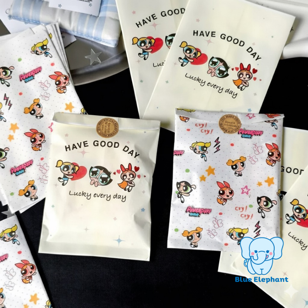 Blue Elephant ซองกระดาษลายเพาเวอร์พัฟเกิล ถุงใส่ของขวัญ แพ็กเกจจิ้งสดน่ารัก 12x17cm - รูปที่ 2