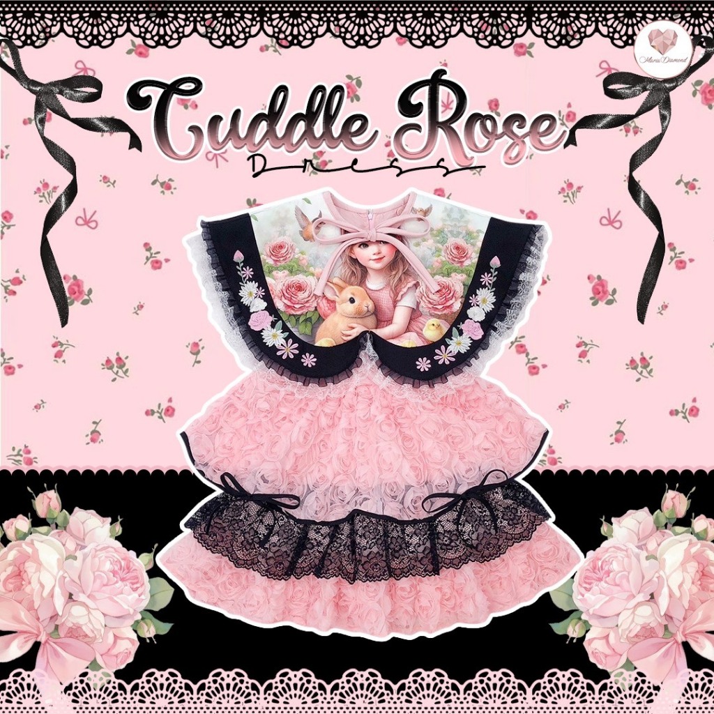(มี3XL) Maria Diamond สีชมพูดำ Cuddle Rose Dress เดรสกระโปรงเลเยอร์ ผ้า 3D ตัดต่อผ้าลูกไม้ ปกวินเทจพิมพ์ลายตัดต่องานปัก