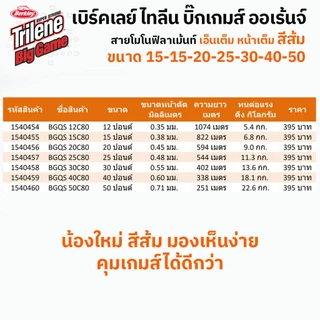 สายโมโนฯ สายเอ็น เบิร์คเลย์ ไทลีน บิ๊กเกมส์ สีส้ม 12-50 ปอนด์ / Berkley Trilene BigGame Orange Mono fishing Line