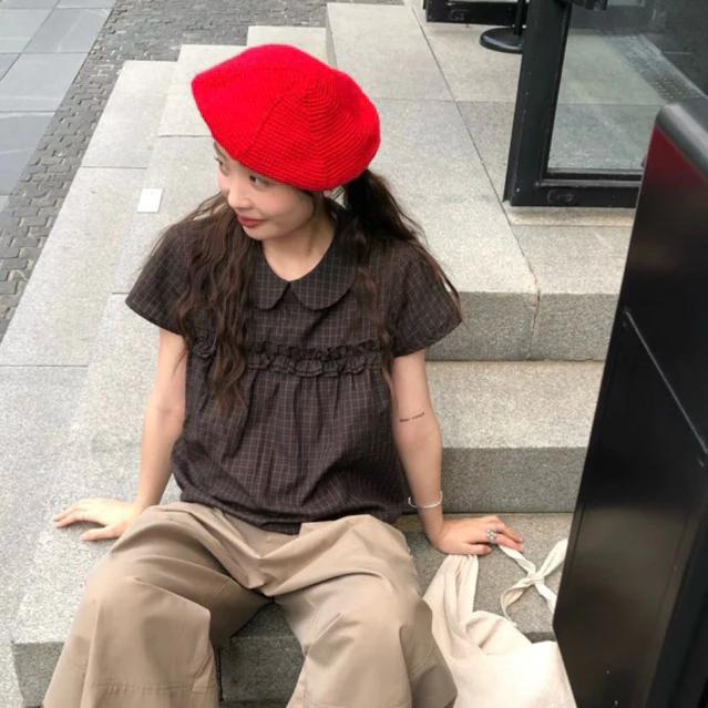 Somedays | 🇰🇷 Rina Blouse เสื้อลายสก็อต สไตล์พส.เกาหลี จี้ปุ่ง