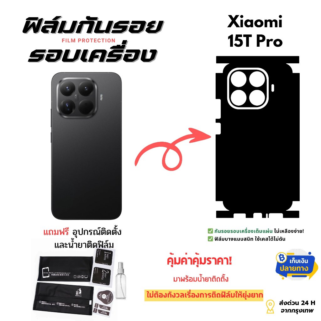 ฟิล์มกันรอยด้านหลังและขอบข้าง Xiaomi 15T Pro | ฟิล์มบางเฉียบ ไม่อมความร้อน ติดแน่น ไม่ดีดขอบ