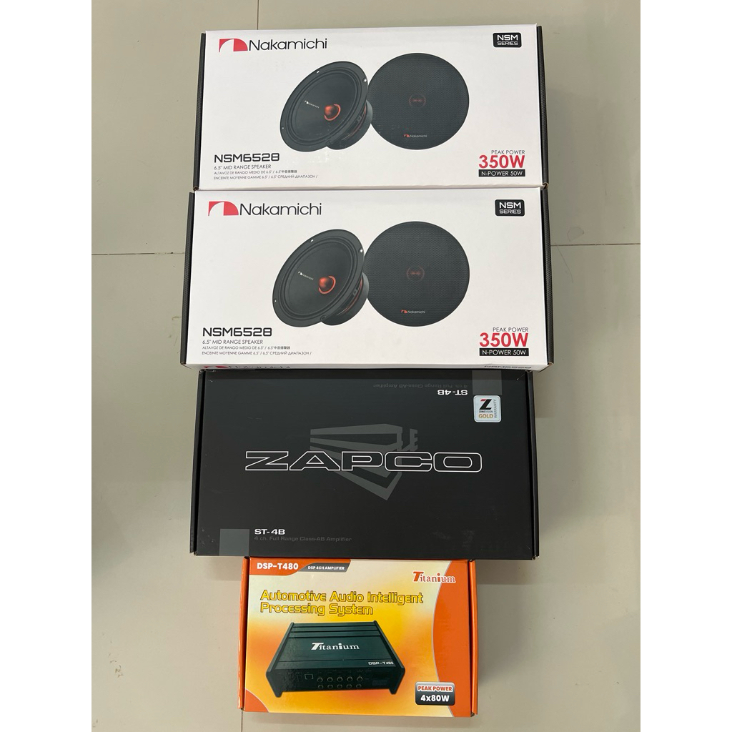 ชุดละ 9150บาท ลำโพงกลาง 6.5“ NAKAMICHI 2คู่ 4Ch ZAPCO 1ตัว  DSP 2in 8out 1ตัวลำโพงติดรถยนต์