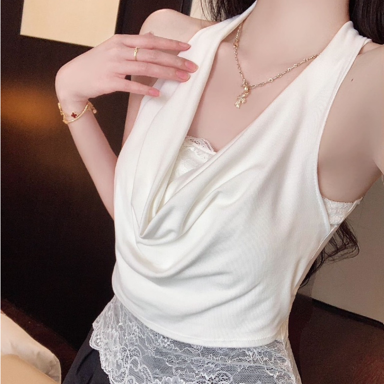 เสื้อคล้องคอแต่งลูกไม้ คล้องคอเซ็กซี่ งานสวยผ้านิ่มมีบราในตัว 5593#