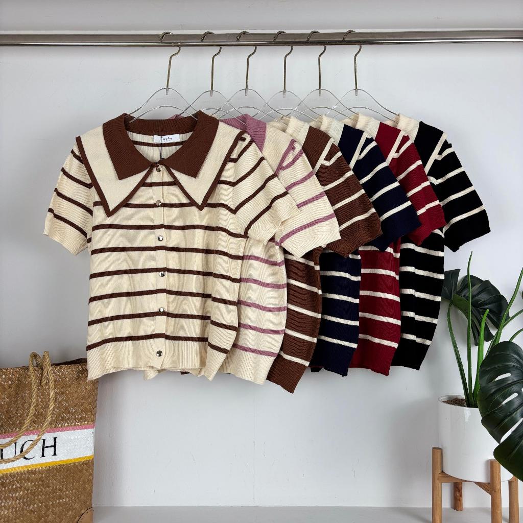 (T904)งานเสื้อไหมพรมคอปกลายริ้วรุ่นใหม่ Nuchyanee