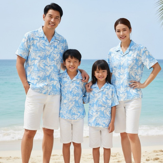 ROAMING HS02 เสื้อฮาวาย เสื้อครอบครัว ผ้าไหมอิตาลี ยับยาก ไม่ต้องรีด Italian Silk Hawaiian Shirts (ลายใบไม้ฟ้า)