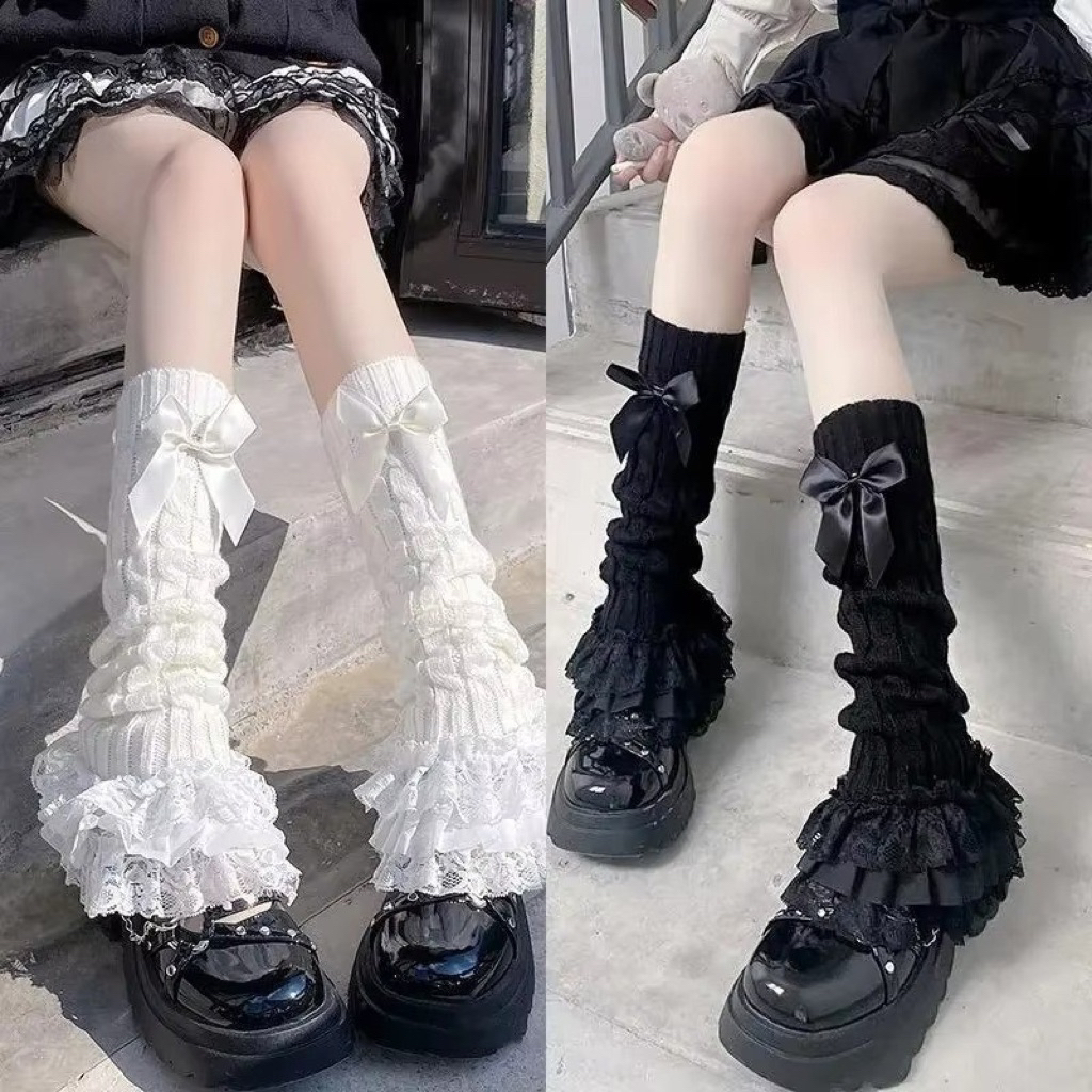 พร้อมส่ง 🐻‍❄️ ปลอกขาไหมพรมน่ารักสไตล์ญี่ปุ่น ปลอกขาแต่งโบว์ แต่งลูกไม้โลลิต้า ถุงเท้าไหมพรม Y2k ฮาราจูกุ