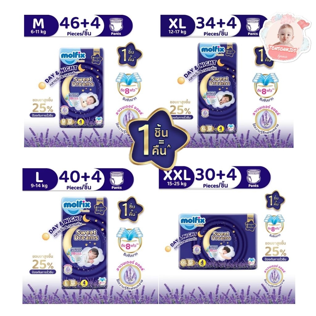Molfix Sweet dream กางเกงผ้าอ้อมโมลฟิกซ์ สวีท ดรีม M-XXL (1ห่อ)