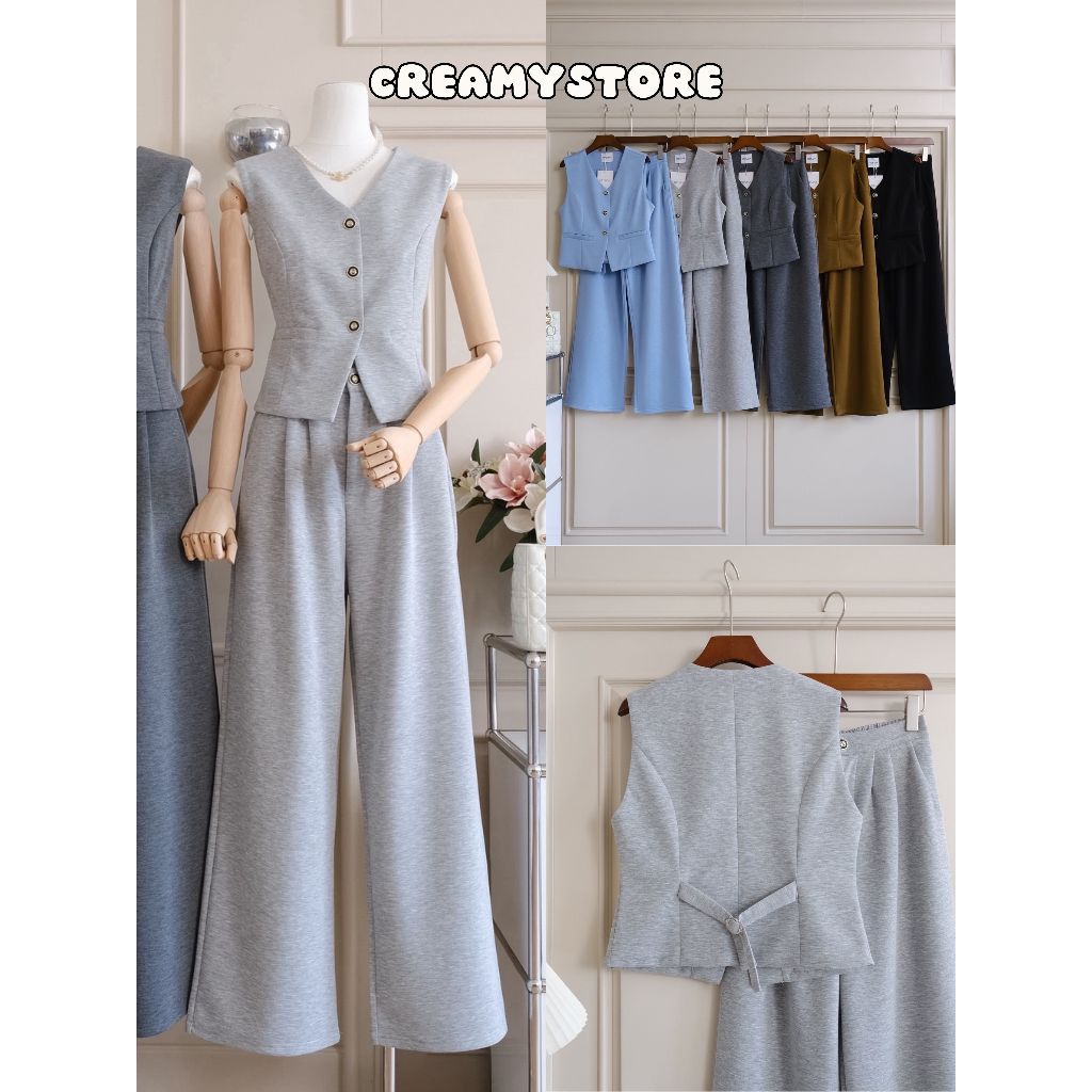 CreamyStore เซต2ชิ้น เสื้อกั๊กเบลเซอร์กระดุมหน้า+กางเกงขายาว ผ้านาโนพรีเมียม งานป้ายPrisana