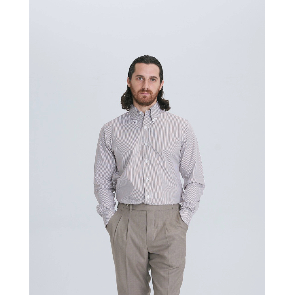 [Code20%ทัก] The Parker เสื้อเชิ้ตผู้ชาย ลายทางสีน้ำตาล Brown Stripe | คอปก Button Down | ผ้ายับยาก (Wrinkle-Free)