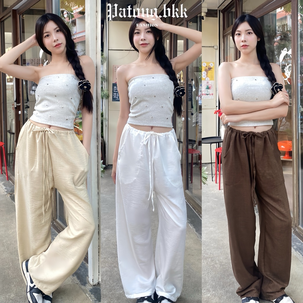 กางเกงฮานึล กางเกงขายาว ผ้าไหมญี่ปุ่น เชือกรูด ขากระบอก ใส่สบาย ใส่ไปทะเล สไตล์เกาหลี ญี่ปุ่น