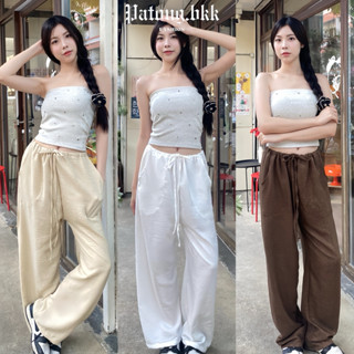 กางเกงฮานึล กางเกงขายาว ผ้าลินิน เชือกรูด ขากระบอก ใส่สบาย ใ…