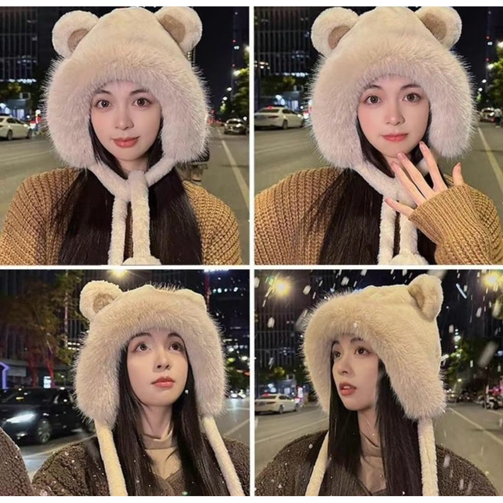 หมวกกันหนาว ขนเฟอร์ แต่งหูหมี เหมาะสำหรับอากาศหนาว