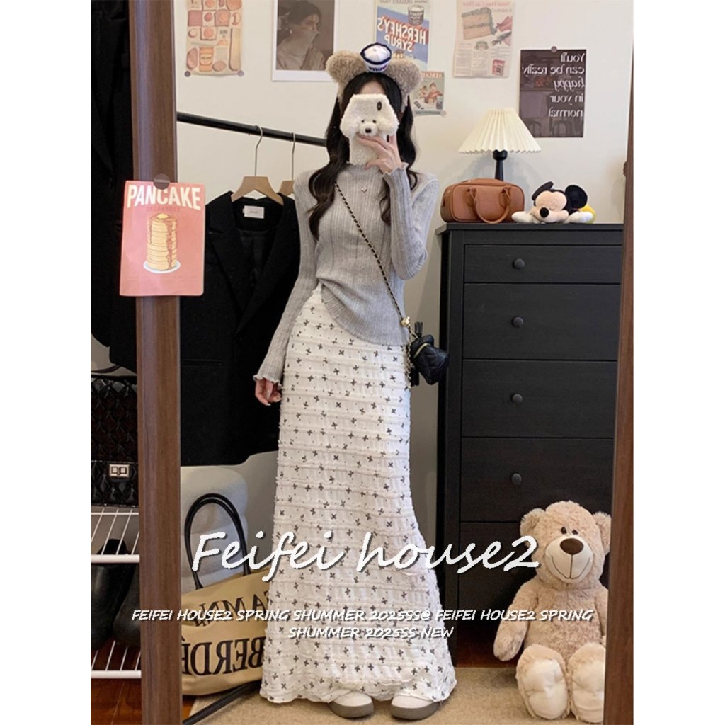 [Summer casual hip fishtail skirt]กระโปรงยาวทรงหางปลาลายดอกไม้โบว์สำหรับผู้หญิงในช่วงฤดูร้อน
