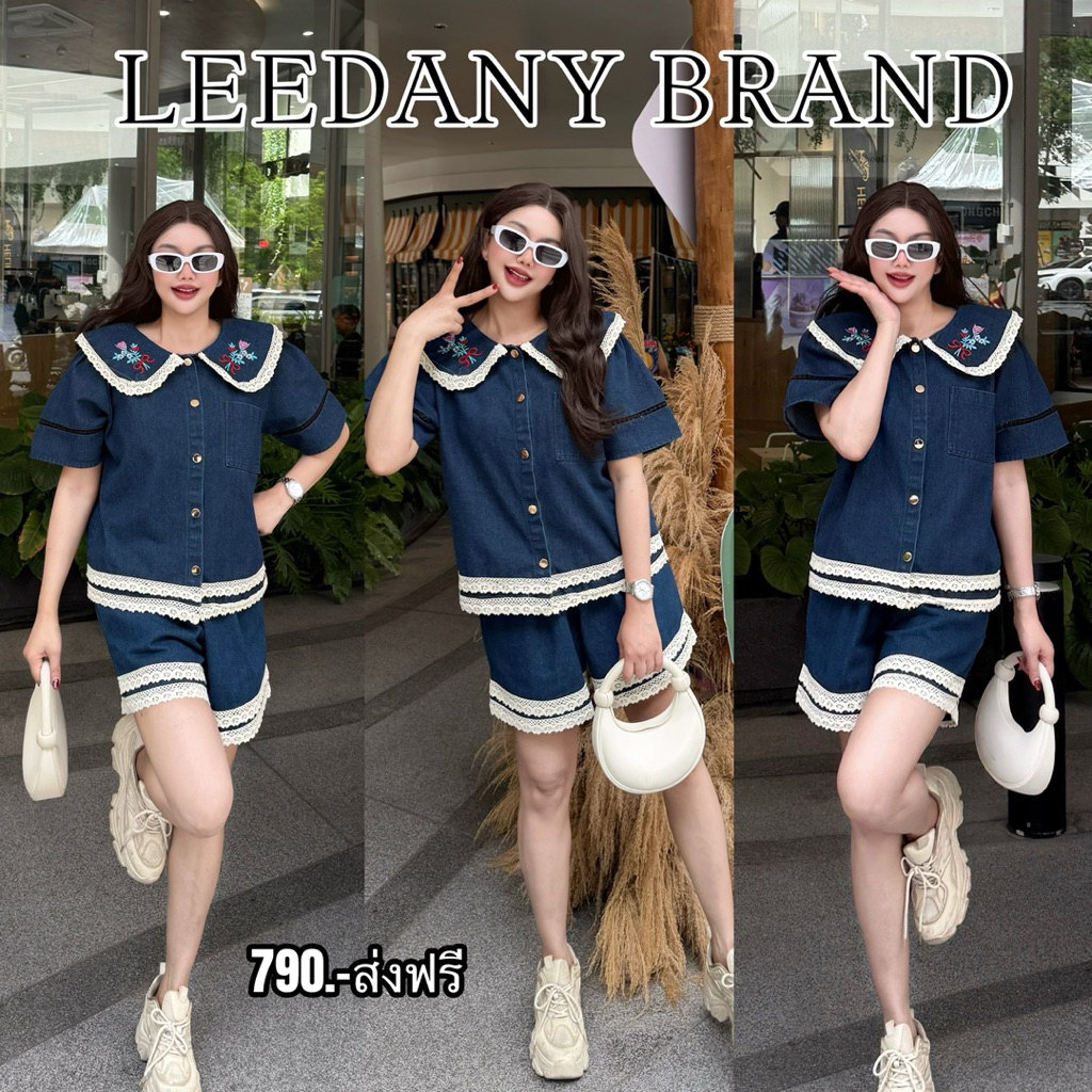 A1257 ชุดเซตเสื้อแขนสั้น + กางเกงยีนส์ขาสั้น แต่งโคเชต์ ปกปักดอกไม้ ป้าย LDN
