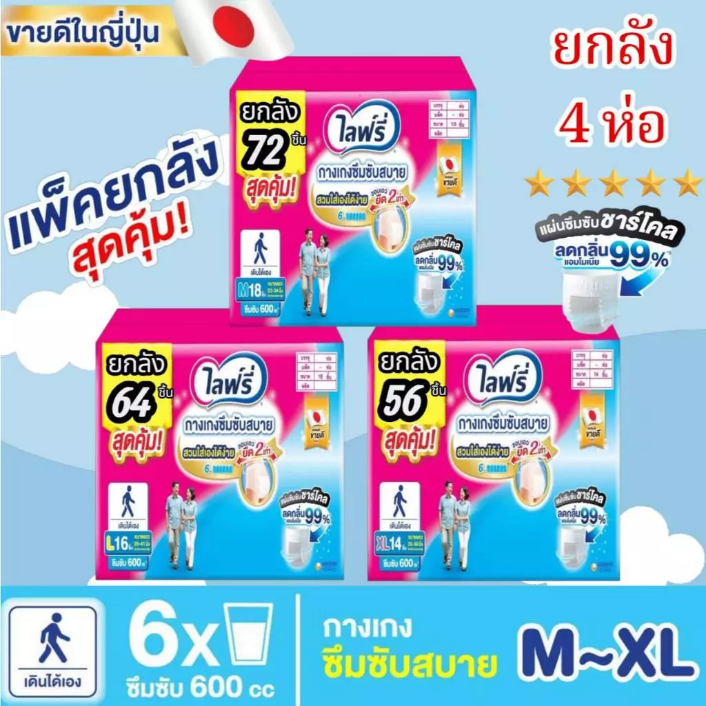 Lifree ไลฟ์รี่ ผ้าอ้อมผู้ใหญ่ กางเกงซึมซับสบาย ไซส์ M18 ชิ้น / L16 ชิ้น / XL 14 ชิ้น (3+1แพ็ค) ส่งด่วน