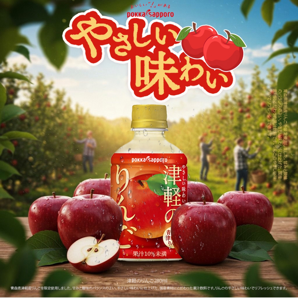 Pokka Sapporo Tsugaru Apples 津軽のりんご  น้ำแอปเปิ้ล(ทสึการุ) พร้อมดื่ม 280ml.
