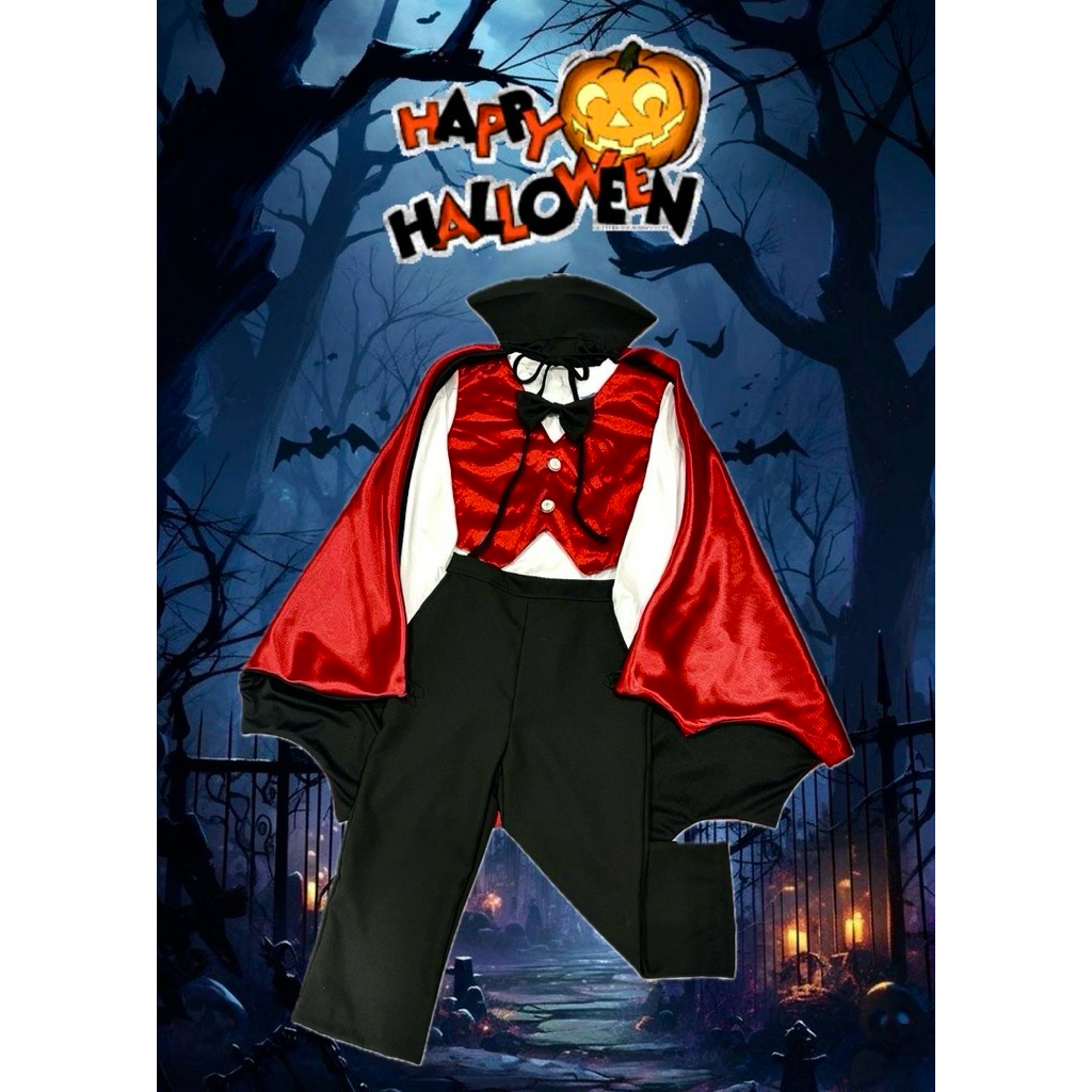 พร้อมส่งด่วน! จากนนทบุรี 🎃ชุดฮาโลวีนเด็กชาย🦇✨ ชุดฮาโลวีนเด็ก แวมไพร์แดร็กคูล่า ผ้าคลุมแฮร์รี่พอตเตอร์ ชุดโครงกระดูก