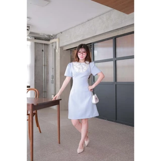 "Romi"Oil" Anastasia Dress (Blue) J319 ชุดเดรสสีฟ้า (คอบัวผูกโบว์แต่งมุก)