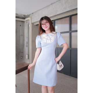 "Romi"Oil" Anastasia Dress (Blue) J319 ชุดเดรสสีฟ้า (คอบัวผูกโบว์แต่งมุก)