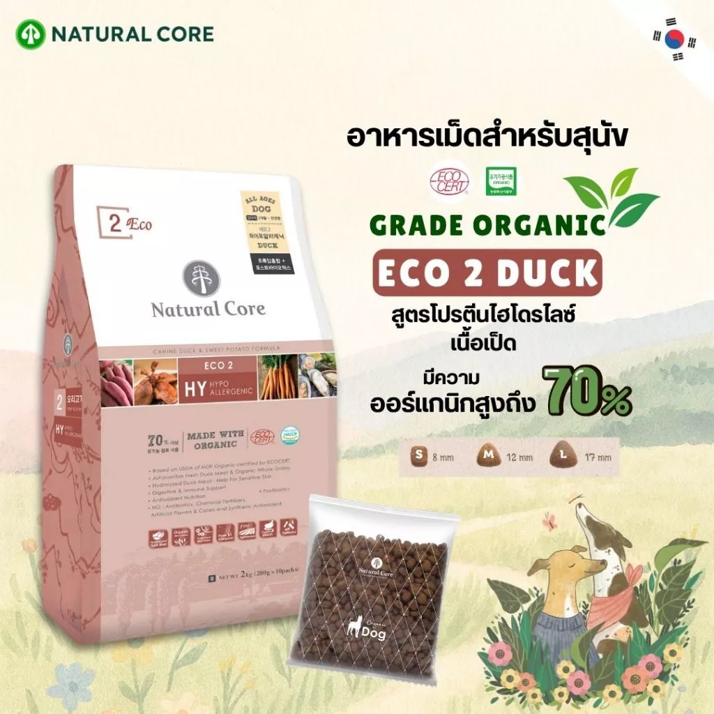 Natural Core Eco 2 Duck อาหารเม็ดสุนัข เกรดออร์แกนิก สูตรเนื้อเป็ดไฮโดรไลซ์ นำเข้าจากเกาหลี🇰🇷