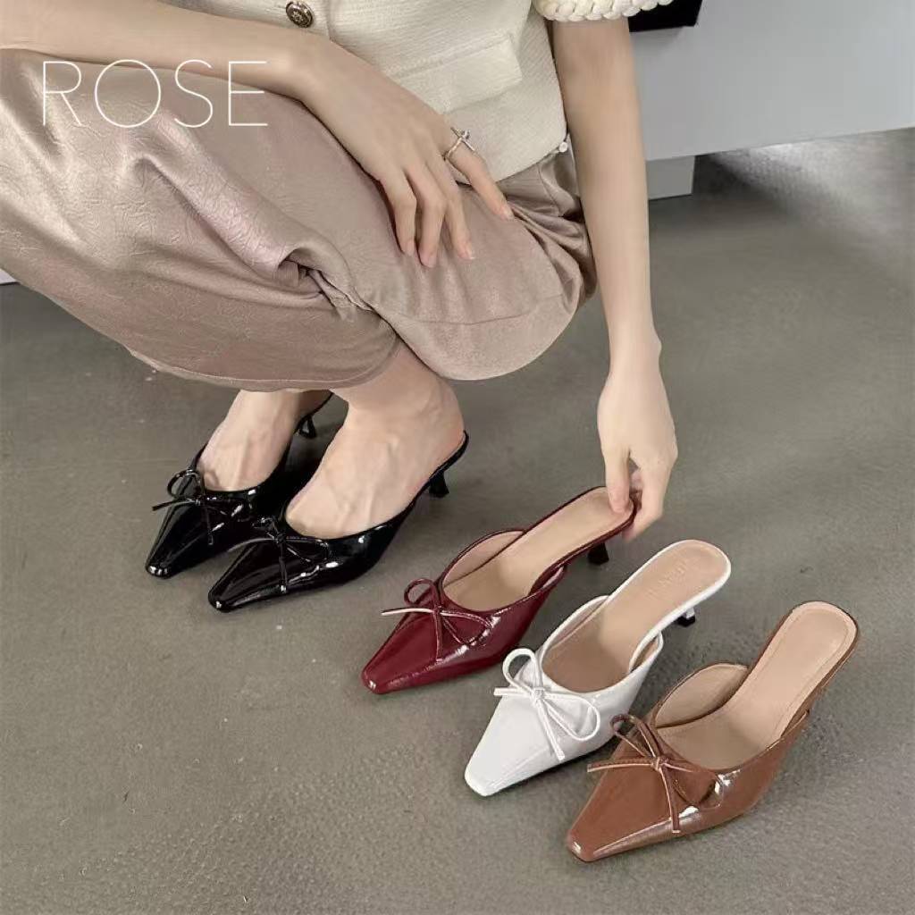 ROSE รองเท้าส้นสูงหัวแหลมสไตล์เกาหลี สูง 5 ซม. แต่งโบว์ ดีไซน์สวยน่ารัก