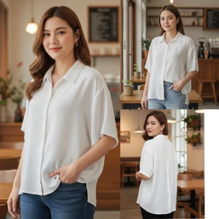 ใหม่.เสื้อเชิ้ตคอปกกระดุ่มผ่าหลัง Over Size หน้าผ้าอก 52 นิ้ว.เป็นผ้าโพลีเอสเตอร์ลายยีน