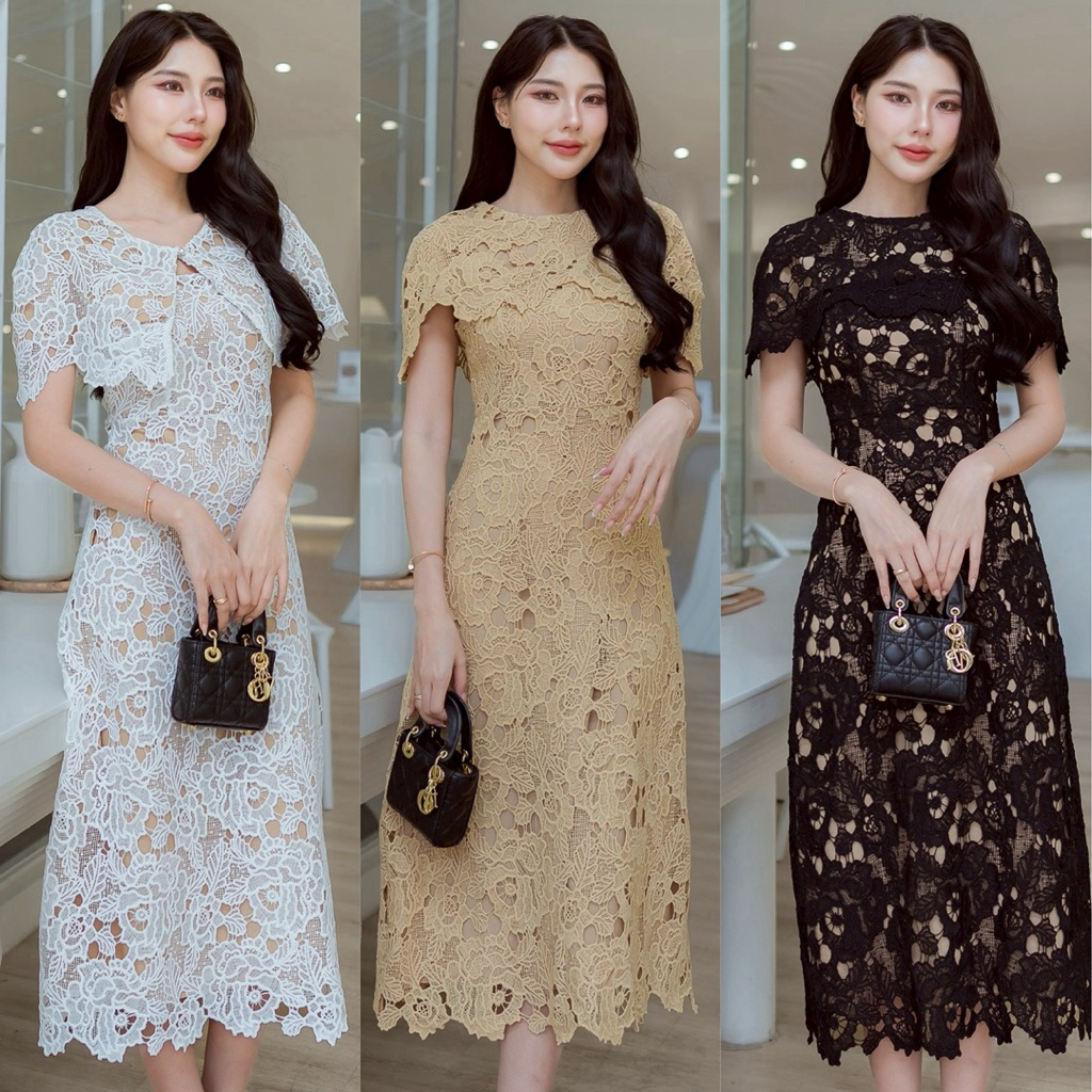 269 ชุดเซ็ท 2ชิ้น เดรสลูกไม้พรีเมี่ยมแต่งผ้าคลุมไหล่